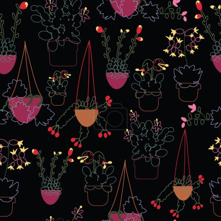 Téléchargez les illustrations : Variété noire de motif vectoriel sans couture Succulents. Motif floral avec des succulents florissants. Modèle de printemps avec des fleurs en fleurs dans des pots. Plantes d'intérieur - en licence libre de droit