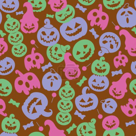 Téléchargez les photos : Brown Halloween citrouille fond vectoriel sans couture avec des visages drôles, effrayants et en colère. Modèle vectoriel Halloween avec citrouilles et bonbons bleus, verts et roses. - en image libre de droit