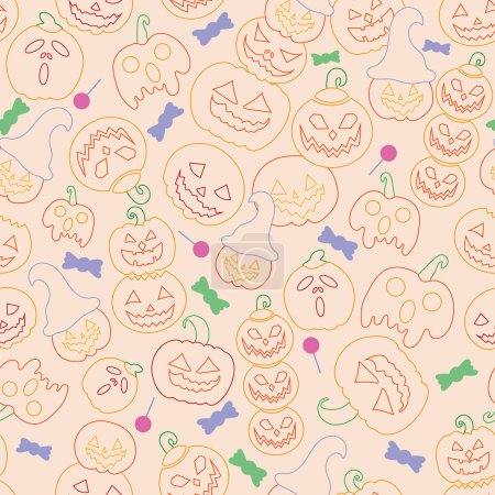 Téléchargez les photos : Beige Halloween ligne art citrouille fond vectoriel sans couture avec des visages drôles, effrayants et en colère. Modèle vectoriel Halloween avec citrouilles et bonbons orange, jaune et rouge. - en image libre de droit