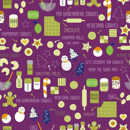 Téléchargez les illustrations : Biscuits de Noël violet motif vectoriel fond avec pain d'épice homme, cookies d'empreinte de pouce et biscuits bonhomme de neige. Vecteur pour les fêtes de Noël avec le Père Noël, la canne et beaucoup de biscuits. - en licence libre de droit