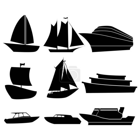 Ilustración de Colección de diseños de barcos y barcos en estilo silueta sobre fondo blanco aislado. - Imagen libre de derechos