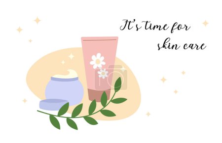 Illustration for Its time for skin care card, poster, banner with text. Vector illustration of cute hand drawn organic cosmetic products. Skincare concept. - Royalty Free Image
