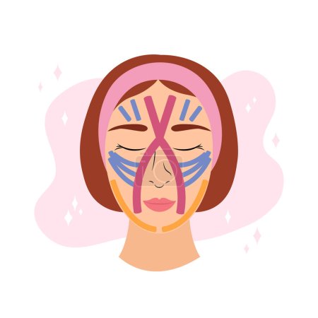 Illustration for Facial kinesio taping. Face of woman and colorful tapes. Vector illustration. Cosmetic facelift. Skin lifting infographics - Royalty Free Image