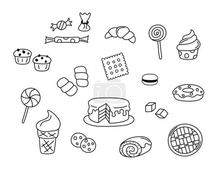 Postres vector garabatos. Elementos alimenticios dulces aislados en negro sobre fondo blanco. Esquema dibujado a mano ilustración de la torta, caramelos, magdalenas, piruletas y galletas. Dibujos garabatos dibujados a mano.