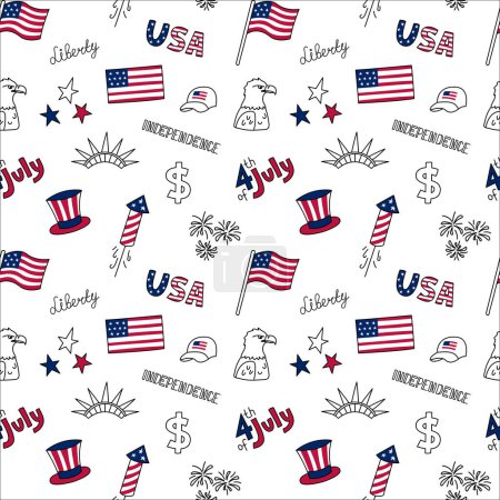 Téléchargez les illustrations : USA éléments doodle motif sans couture. Vecteur 4 juillet fond avec des symboles américains, drapeau américain, aigle, chapeau. Illustration répétée. - en licence libre de droit