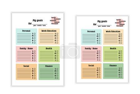 Illustration for Goals List template. Vector blank page for writing New Year resolutions and yearly or monthly plans. SMART goals system, planning strategy. A4 and US letter paper proportions. - Royalty Free Image