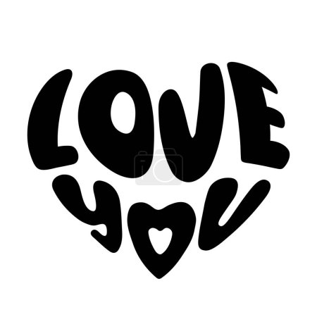 Illustration for Love You phrase in heart shape. Monochrome black handwritten lettering isolated on white background. Hand drawn saying for Valentines Day designs. Romantic vector illustration. - Royalty Free Image