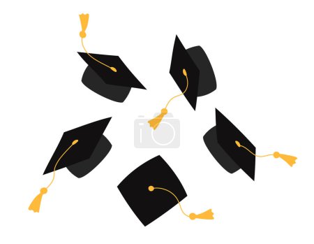 Graduation caps in air isolated flat vector illustration. Some square academic hats tossed together. Mortarboards thrown up. High school, college, academy graduate symbols.