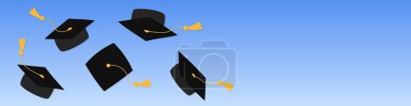Graduation web banner template with copy space. Academic grad caps in air thrown up together. Mortarboards tossed up. Vector horizontal illustration. Graduate symbols on sky background.