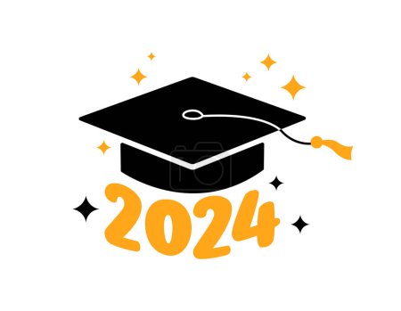 Illustration for Graduation 2024 greeting card, poster. Vector flat illustration. Black color academic cap and golden 2024 numbers on white background. Mortarboard graduate symbol - Royalty Free Image
