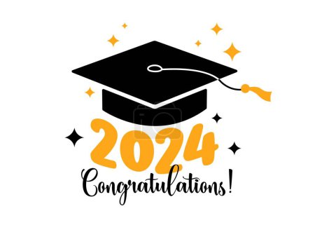 Illustration for Graduation 2024 greeting card. Congratulations text. Vector flat illustration. Black color square academic cap and golden 2024 numbers on white background. Mortarboard graduate symbol. - Royalty Free Image