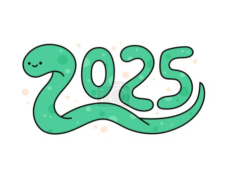 Snake 2025 year symbol. Cute cartoon green snake smiling. Adorable doodle character. Vector illustration. 2025 numbers Chinese horoscope, oriental zodiac calendar.