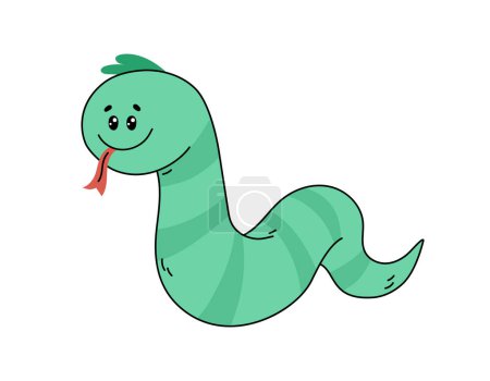 Snake isolated vector doodle illustration. 2025 year symbol. Cute cartoon green snake smiling and showing tongue. Adorable kid character.