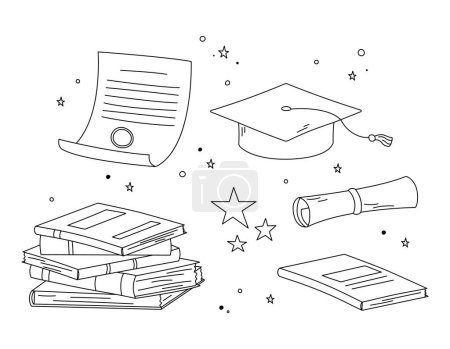 Illustration for Graduation doodles vector set. Illustrations of isolated square academic cap, mortarboard, diploma, books pile and stars. High school, college, academy graduation symbols black outline. - Royalty Free Image