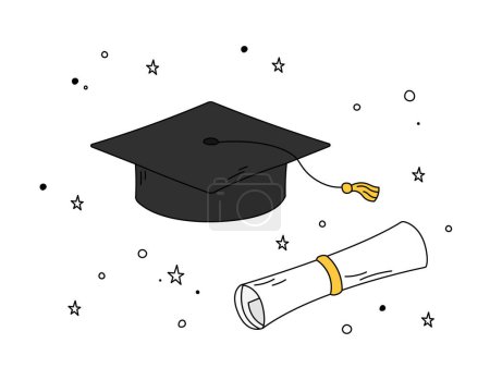 Illustration for Graduation cap and diploma scroll doodles vector set. Illustrations of isolated outline square academic cap, mortarboard, graduate certificate. High school, college, academy graduation symbols. - Royalty Free Image