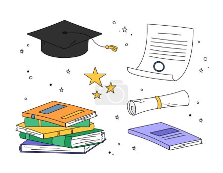 Illustration for Graduation doodle elements vector set. Illustrations of isolated square academic cap, mortarboard, diploma, books pile and stars. Colorful outline symbols of high school, college, academy graduation. - Royalty Free Image