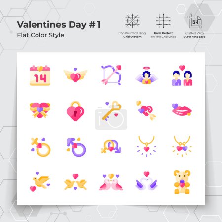 Illustration for Valentine's day icon set in flat color style with a love and heart theme. A Collection of love and romance vector symbols for Valentine's Day celebration. - Royalty Free Image