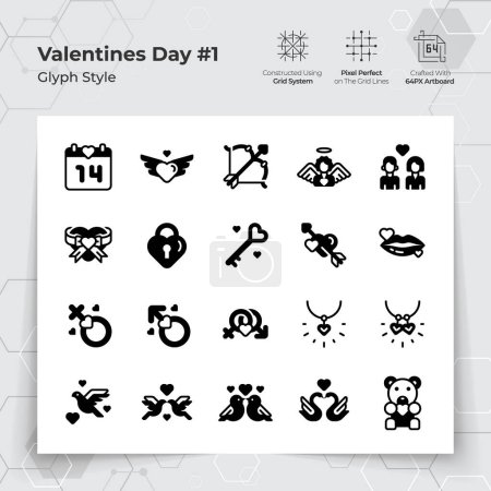 Illustration for Valentine's day icon set in glyph black fill style with a love and heart theme. A Collection of love and romance vector symbols for Valentine's Day celebration. - Royalty Free Image