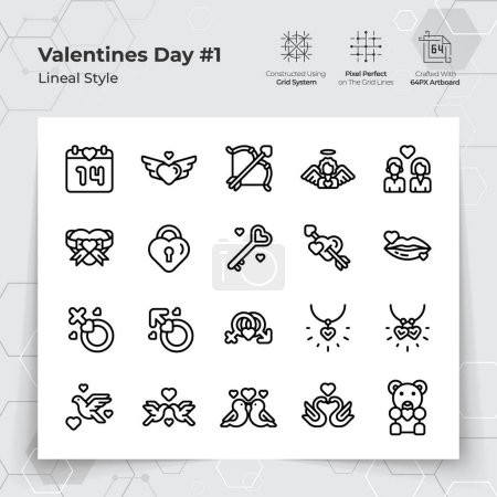 Illustration for Valentine's day icon set in black line style with a love and heart theme. A Collection of love and romance vector symbols for Valentine's Day celebration. - Royalty Free Image