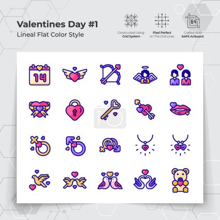 Illustration for Valentine's day icon set in line flat color style with a love and heart theme. A Collection of love and romance vector symbols for Valentine's Day celebration. - Royalty Free Image