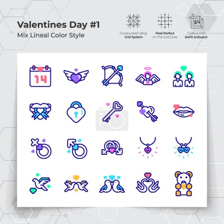 Illustration for Valentine's day icon set in line color fill style with a love and heart theme. A Collection of love and romance vector symbols for Valentine's Day celebration. - Royalty Free Image