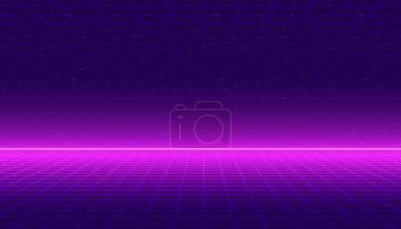 Illustration for A vector 80s grid background with a neon horizon - Royalty Free Image