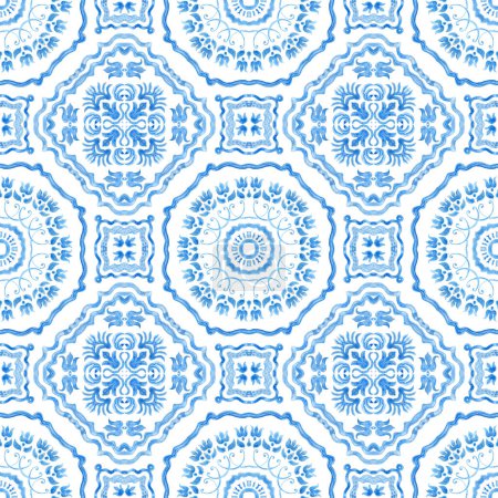 Foto de Acuarela pintada de color azul índigo damasco patrón sin costuras sobre un fondo blanco. Azulejo español con ornamentos barrocos y florales dibujados a mano en estilo mediterráneo de pintura cerámica mayólica - Imagen libre de derechos