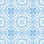 Watercolor painted indigo blue damask seamless pattern on a white background. Spanish tile with hand drawn Baroque and floral ornaments in Mediterranean majolica ceramic painting style