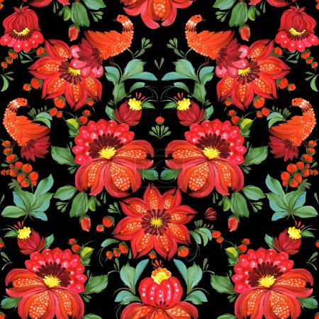 Floral seamless pattern. F birds, flowers, leaves in Ukrainian folk painting style Petrykivka, isolated on a black background