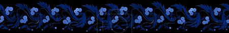 Téléchargez les photos : Aquarelle florale motif de bordure sans couture de baie de viorne bleu et feuilles isolées sur un fond noir. Petrykivka style peinture traditionnelle - en image libre de droit