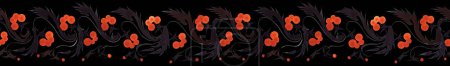 Téléchargez les photos : Aquarelle florale motif de bordure sans couture à partir de baies de viorne rouge et feuilles sombres isolées sur un fond noir. Petrykivka style peinture traditionnelle - en image libre de droit