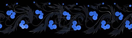 Téléchargez les photos : Aquarelle florale motif de bordure sans couture de baie de viorne bleu et feuilles isolées sur un fond noir. Petrykivka style peinture traditionnelle - en image libre de droit