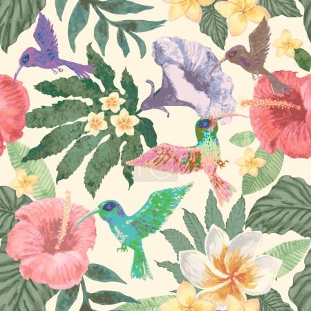 Photo for Seamless floral pattern from watercolor painted hibiscus, humming bird colibri, flowers and fantasy tropical foliage on a beige background - Royalty Free Image