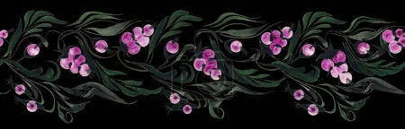 Téléchargez les photos : Motif floral sans couture bordure de la vigne, des grappes de raisins violets et des feuilles vertes isolées sur un fond noir. Petrykivka peinture ukrainienne traditionnelle - en image libre de droit