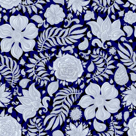 Photo for Floral seamless pattern. Paisley elements, fantasy flower, leaves. Blue ornament on a dark spotted indigo background. Textile bohemian  print,  Batik Chintz Vintage paint - Royalty Free Image