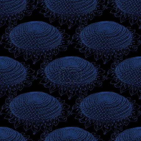 Photo for Seamless pattern with indigo blue contour sunflowers on a black background. Fantasy wallpaper, silk print, wrapping paper - Royalty Free Image