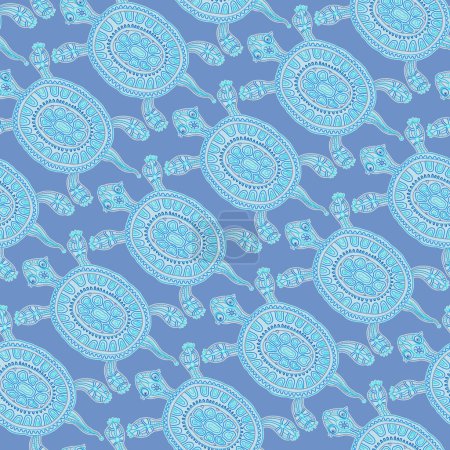 Foto de Patrón sin costuras de tortugas adornadas con patrones étnicos garabato turquesa sobre un fondo azul - Imagen libre de derechos