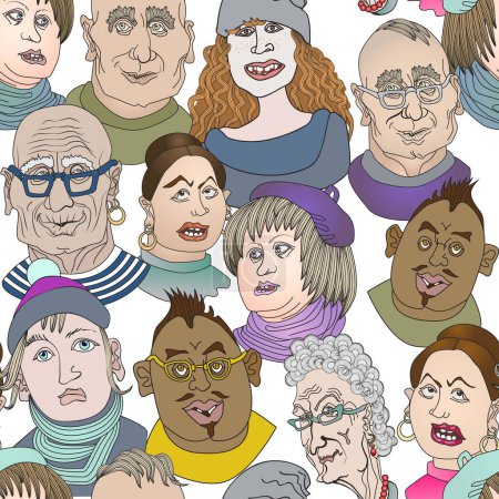 Téléchargez les photos : Motif sans couture humoristique avec dessin animé dessiné à la main les gens visages dans le style pop art sur un fond blanc - en image libre de droit