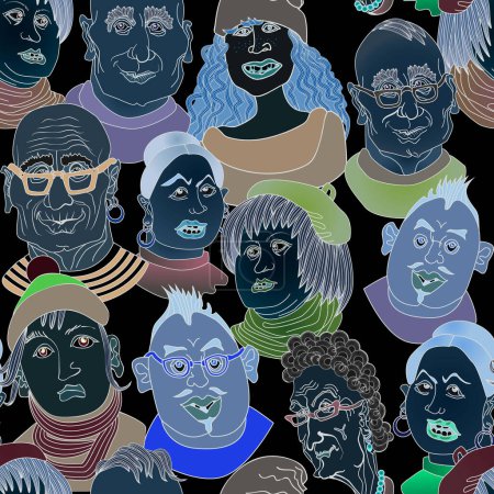 Téléchargez les photos : Modèle sans couture humoristique avec dessin animé dessiné à la main personnes visages dans le style pop art - en image libre de droit