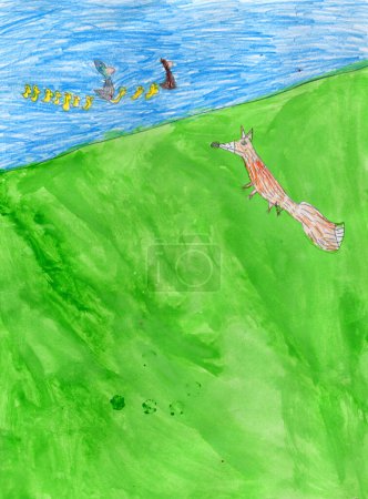Téléchargez les photos : Aquarelle paysage peint de conte de fées prairie verte, rivière et renard regarder une famille de canards - en image libre de droit