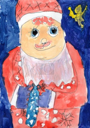 Téléchargez les photos : Aquarelle dessinée à la main et peinture Gouache. Père Noël avec des cadeaux, petit ange d'or volant à proximité - en image libre de droit