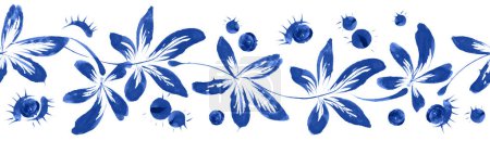 Téléchargez les photos : Floral motif de bordure sans couture à partir de feuilles de châtaignier bleu dessiné à la main et les noix sur un fond blanc - en image libre de droit