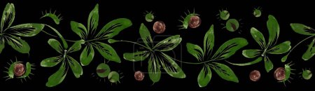 Téléchargez les photos : Modèle de bordure florale sans couture à partir de feuilles de châtaignier dessinées à la main et de noix sur un fond noir - en image libre de droit