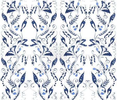 Photo for Floral watercolor damask seamless pattern from hand drawn blue colored vetch twigs, flowers and pea pods on a white background - Royalty Free Image