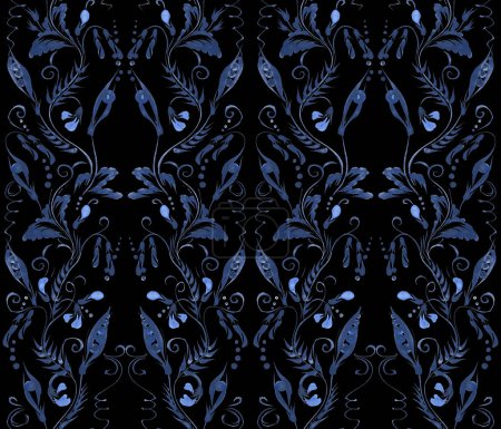 Photo for Floral watercolor damask seamless pattern from hand drawn blue colored vetch twigs, flowers and pea pods on a black background - Royalty Free Image