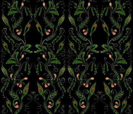 Photo for Floral watercolor damask seamless pattern from hand drawn bird vetch twigs, flowers and green pea pods on a black background - Royalty Free Image