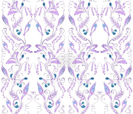 Photo for Floral watercolor damask seamless pattern from blue and purple hand drawn vetch twigs, flowers and pea pods on a white background - Royalty Free Image