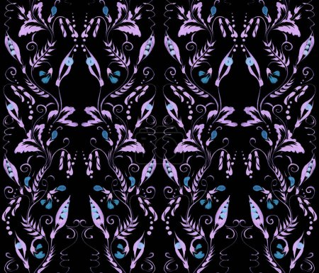 Photo for Floral watercolor damask seamless pattern from blue and purple hand drawn vetch twigs, flowers and pea pods on a black background - Royalty Free Image