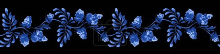 Téléchargez les photos : Floral motif de bordure sans couture à partir de fruits de framboise de couleur bleue dessinée à la main, brindilles et feuilles sur un fond noir - en image libre de droit