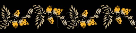 Téléchargez les photos : Floral motif de bordure sans couture à partir de fruits de framboise en or dessinés à la main, brindilles et feuilles dorées sur un fond noir - en image libre de droit